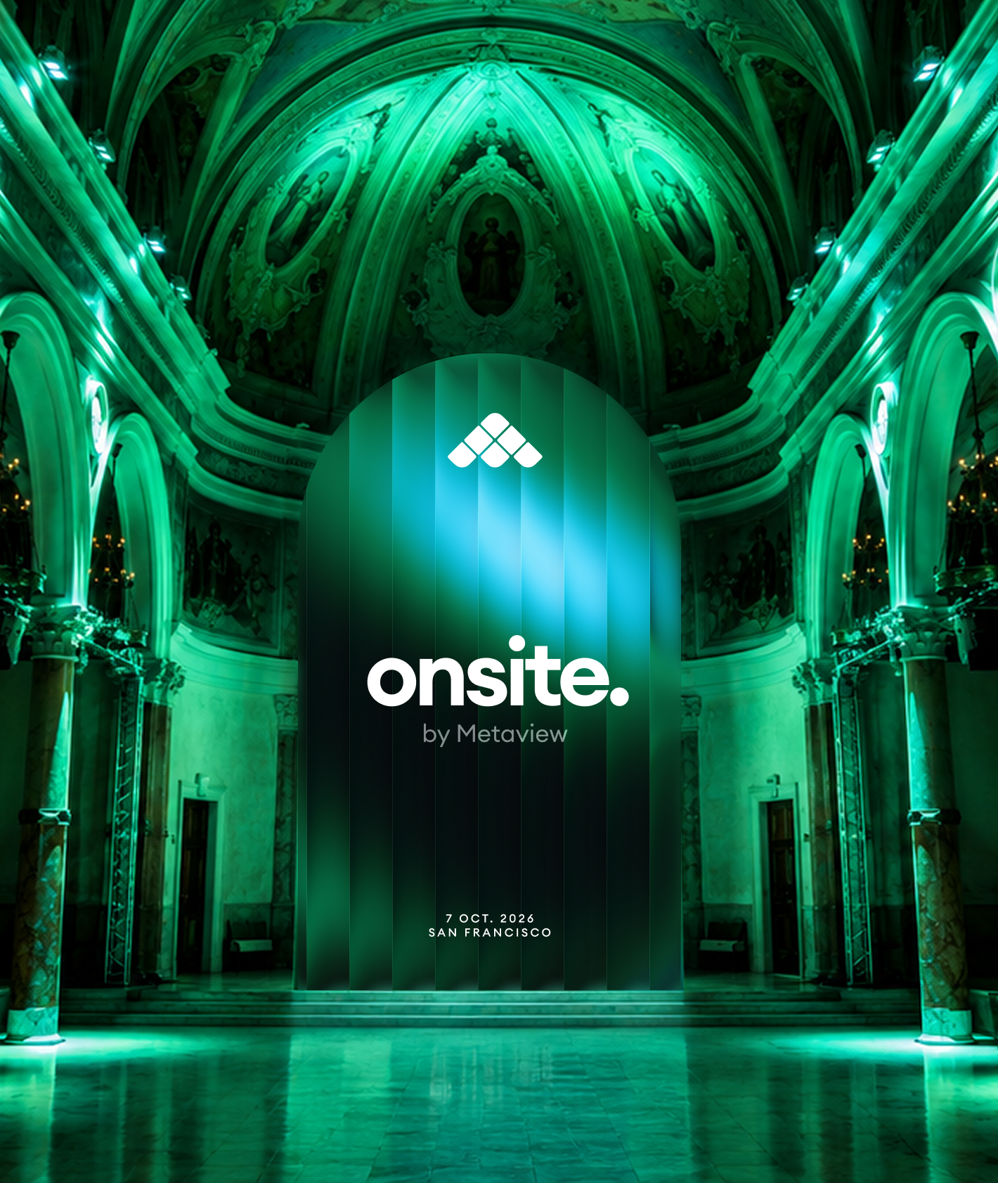 Interior of The Melody, a former church on Broadway in San Francisco, lit in green.